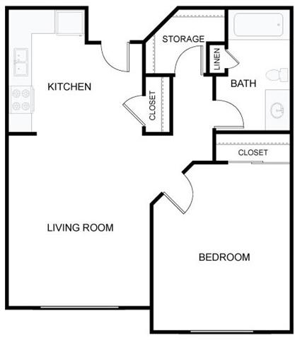 Floor plan for 1 bed, 1 bath, 592 sqft