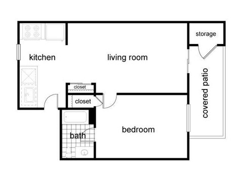 Floor plan for 1 bed, 1 bath, 812 sqft