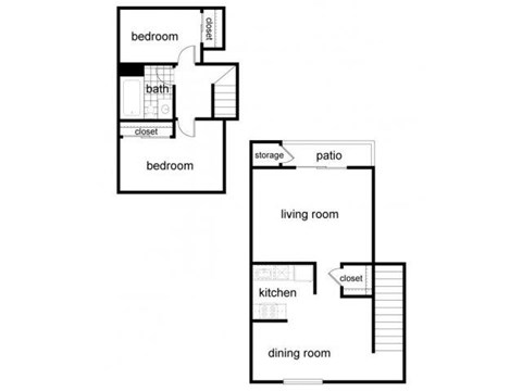 Floor plan for 2 beds, 1 bath, 896 sqft
