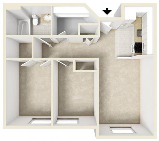Floor plan for 2 beds, 1 bath, 730 sqft
