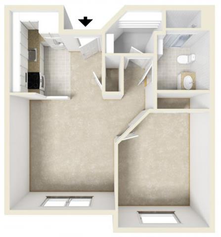 Floor plan for 1 bed, 1 bath, 650 sqft