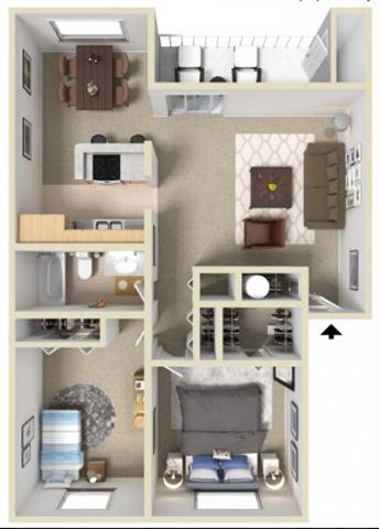 Floor plan for 2 beds, 1 bath, 854 sqft