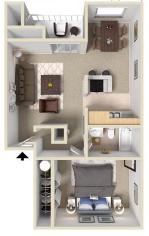 Floor plan for 1 bed, 1 bath, 646 sqft