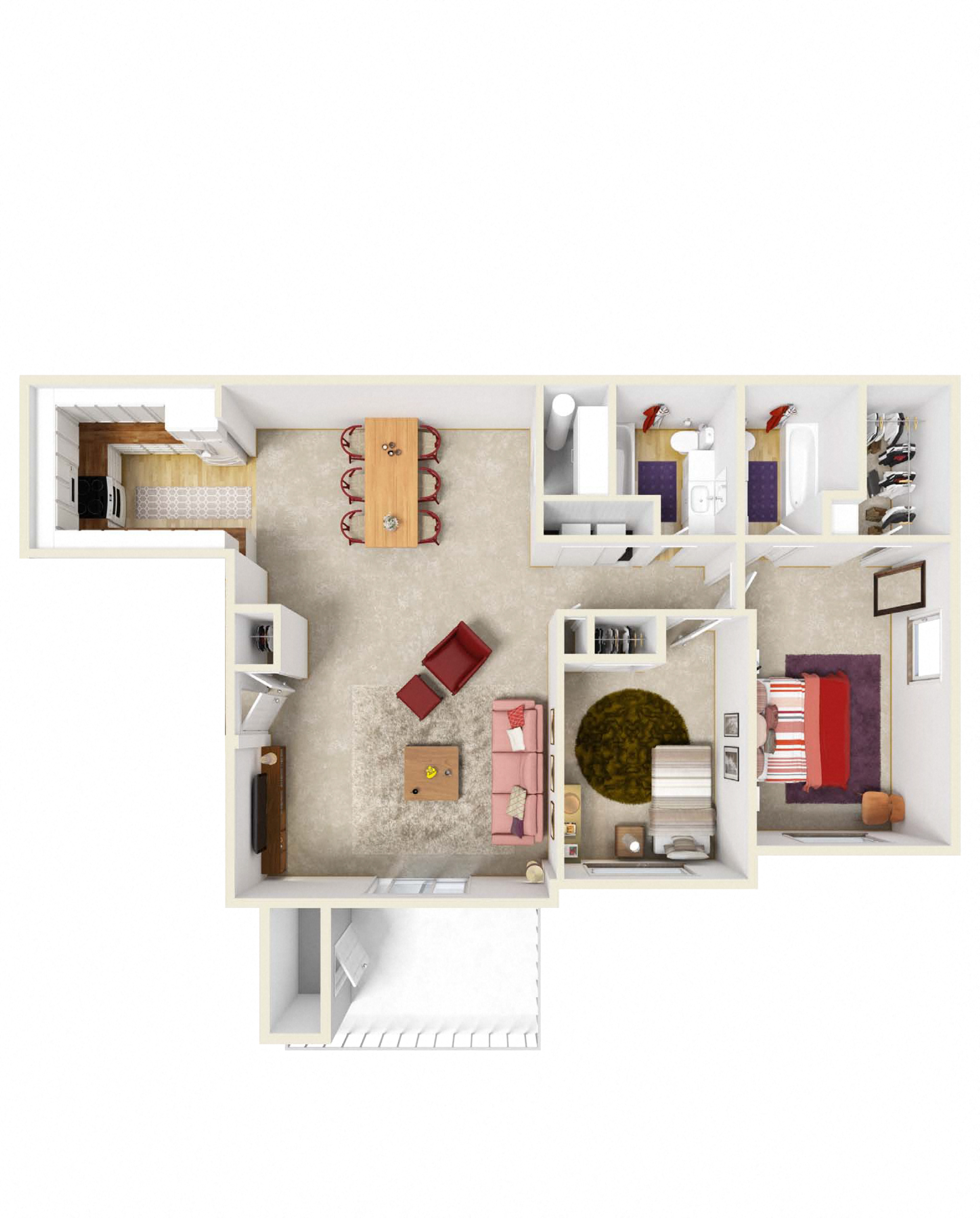 Floor plan for 2 beds, 2 baths, 1018 sqft
