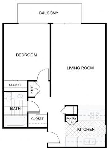 Floor plan for 1 bed, 1 bath, 613 sqft