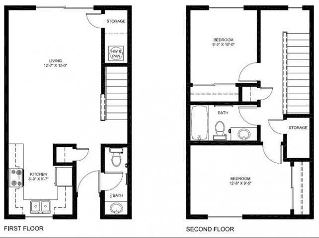 Floor plan for 2 beds, 1 bath, 900 sqft