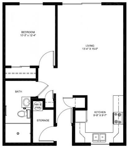 Floor plan for 1 bed, 1 bath, 680 sqft