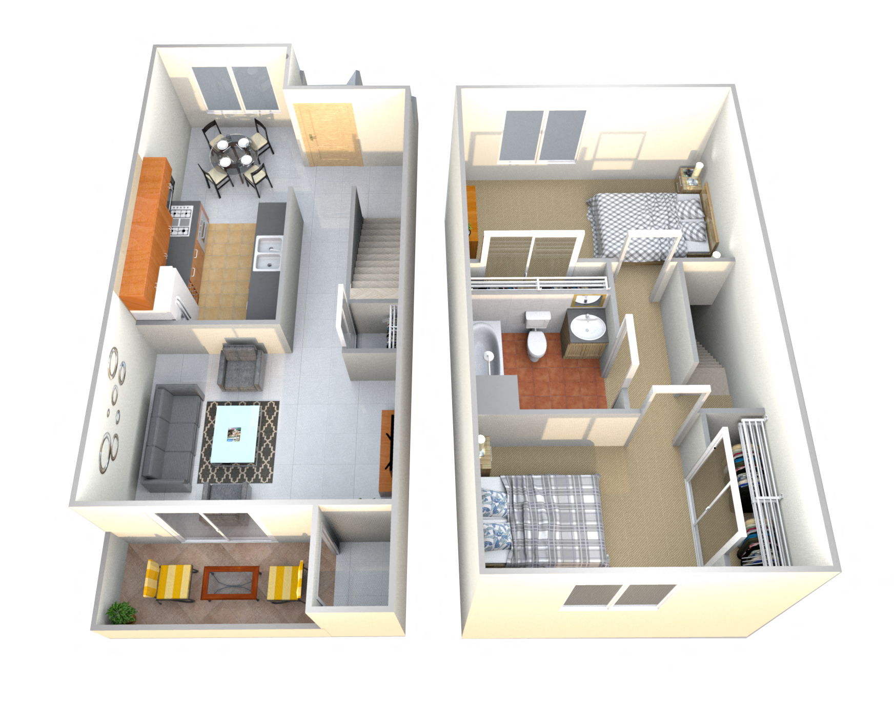 Floor plan for 2 beds, 1 bath, 878 sqft