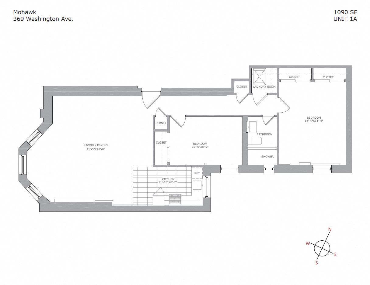 Floor plan for 2 beds, 1 bath, 1100 sqft