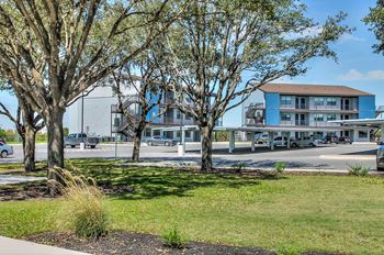 Parking lot and grass area