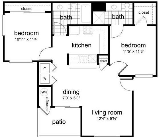 Floor plan for 2 beds, 2 baths, 885 sqft