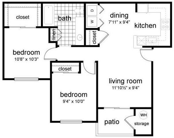 Floor plan for 2 beds, 1 bath, 788 sqft