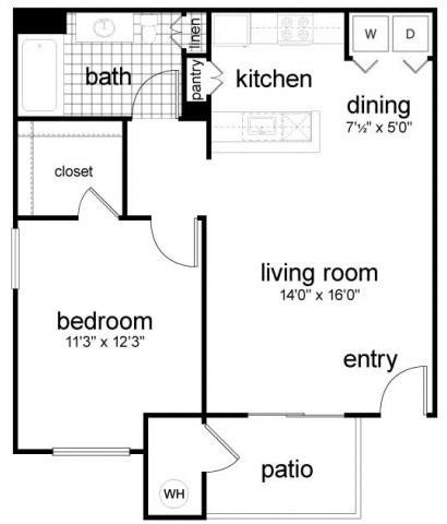 Floor plan for 1 bed, 1 bath, 678 sqft