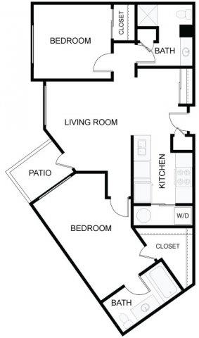 Floor plan for 2 beds, 1 bath, 956 sqft