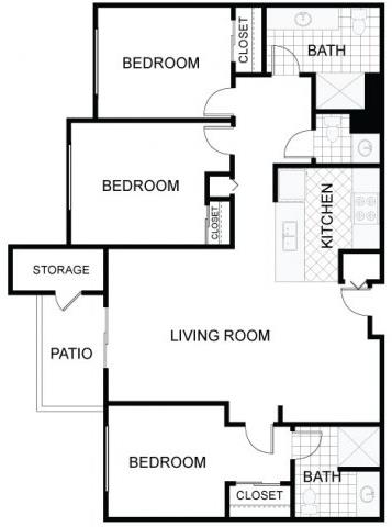 Floor plan for 3 beds, 1 bath, 1347 sqft