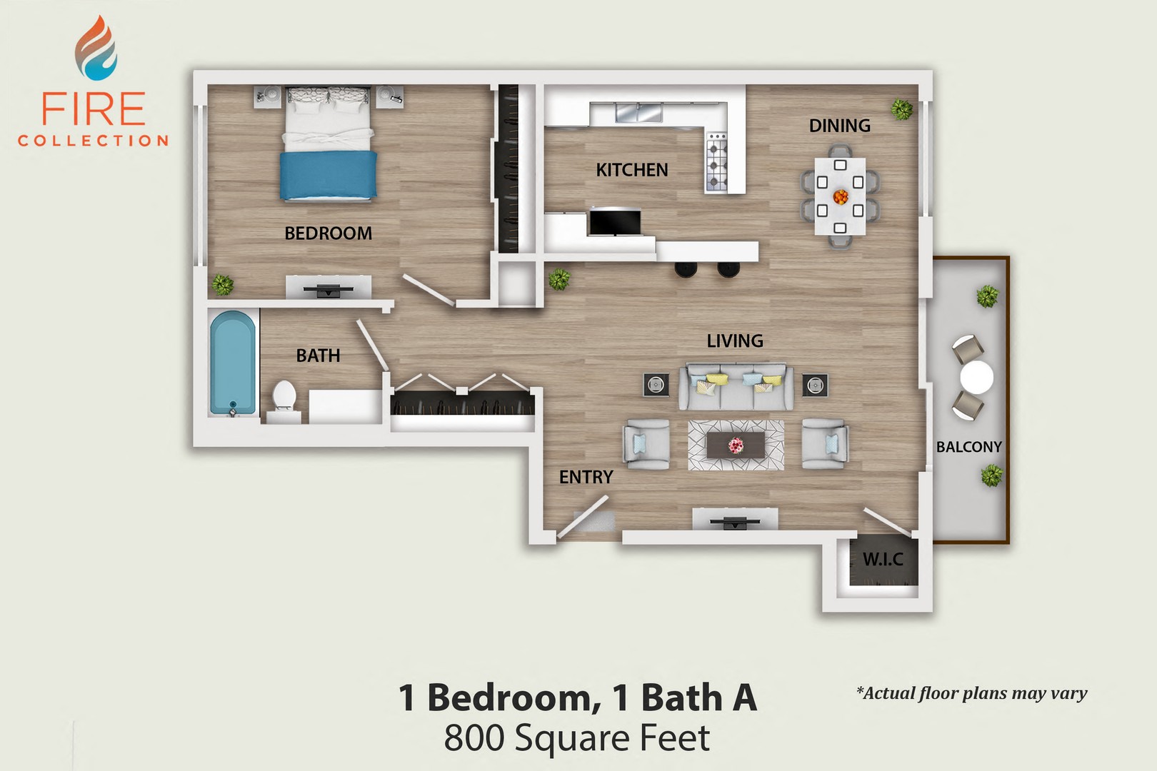 Floor plan for 1 bed, 1 bath, 800 sqft