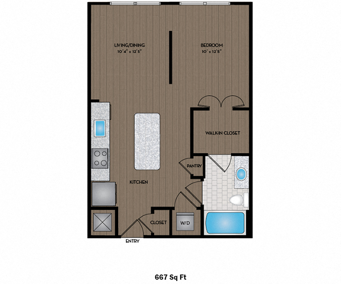 Floor plan for studio, 1 bath, 667 sqft
