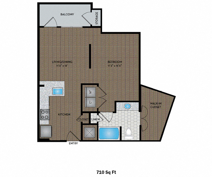 Floor plan for studio, 1 bath, 710 sqft