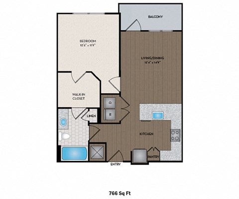 Floor plan for 1 bed, 1 bath, 770 sqft