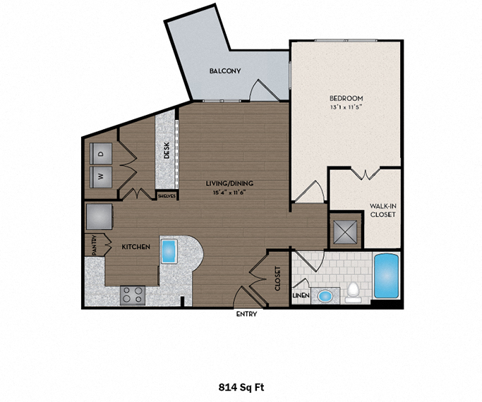 Floor plan for 1 bed, 1 bath, 814 sqft