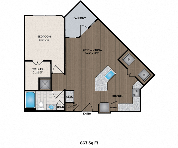 Floor plan for 1 bed, 1 bath, 867 sqft
