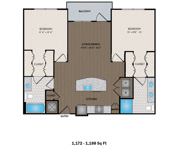 Floor plan for 2 beds, 2 baths, 1172 sqft