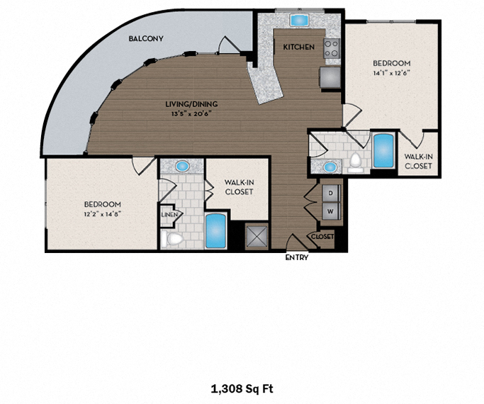 Floor plan for 2 beds, 2 baths, 1308 sqft