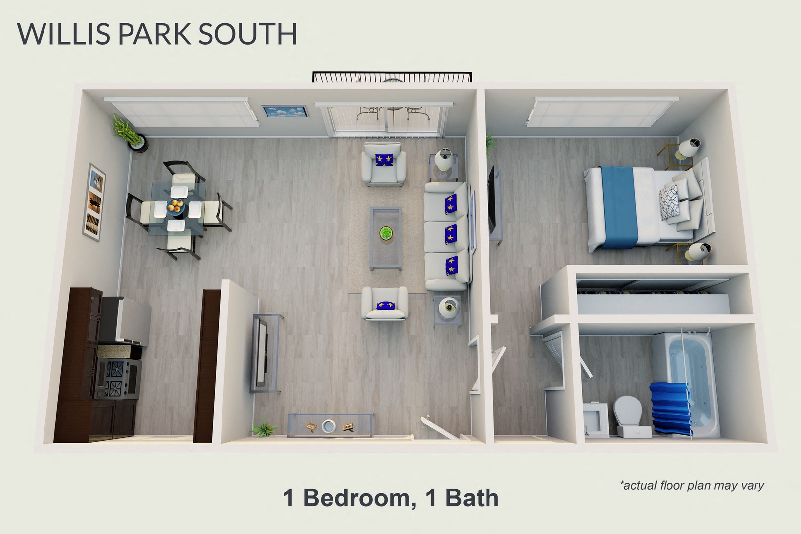 Floor plan for 1 bed, 1 bath, 700 sqft