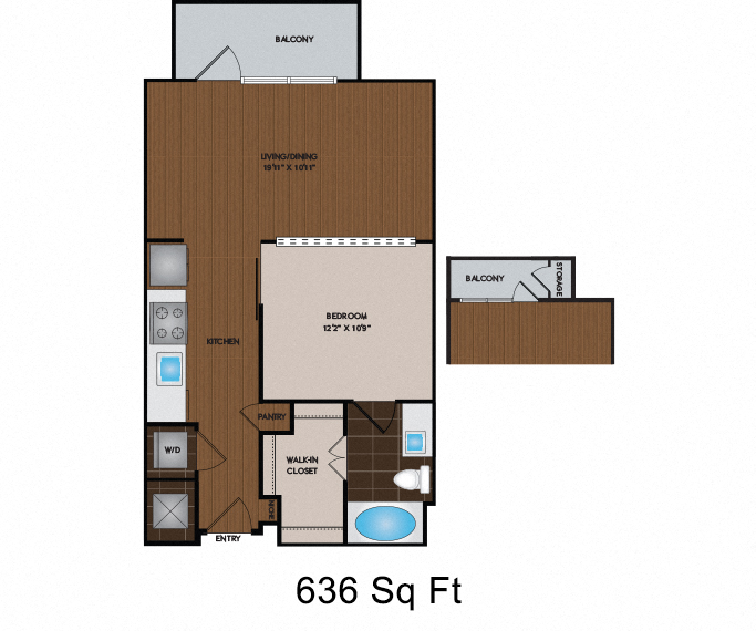 Floor plan for 1 bed, 1 bath, 636 sqft