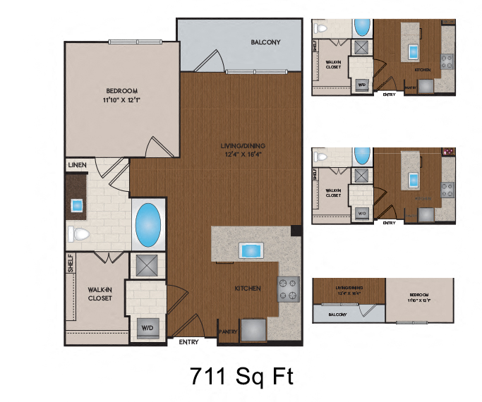 Floor plan for 1 bed, 1 bath, 711 sqft