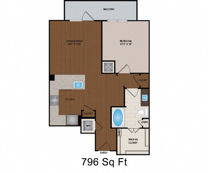 Floor plan for 1 bed, 1 bath, 796 sqft