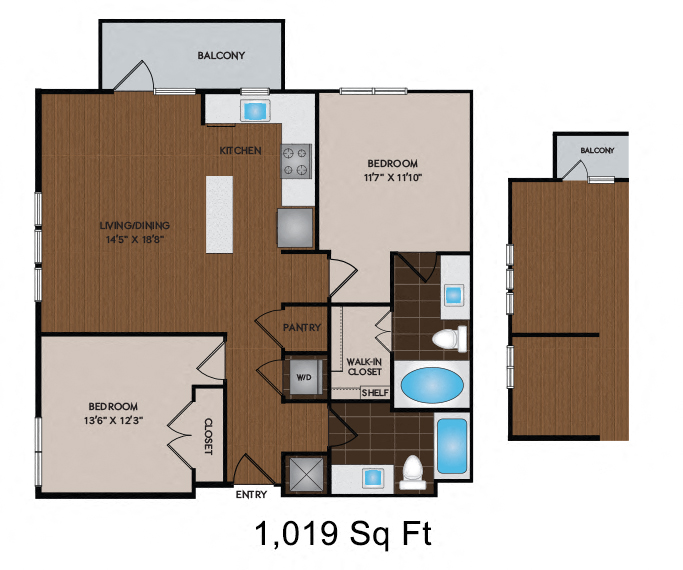 Floor plan for 2 beds, 2 baths, 1179 sqft
