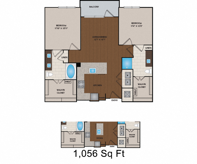 Floor plan for 2 beds, 2 baths, 1056 sqft