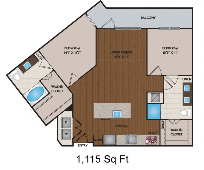 Floor plan for 2 beds, 2 baths, 1212 sqft