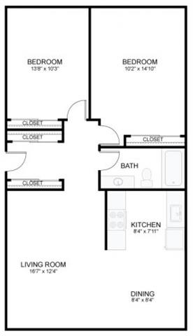 Floor plan for 2 beds, 1 bath, 789 sqft