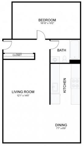 Floor plan for 1 bed, 1 bath, 653 sqft