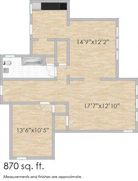 Floor plan for 1 bed, 1 bath, 910 sqft