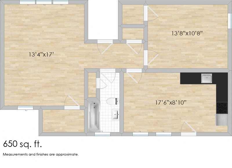 Floor plan for 1 bed, 1 bath, 788 sqft
