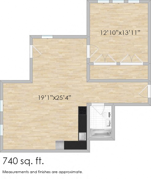 Floor plan for 1 bed, 1 bath, 775 sqft