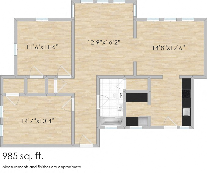 Floor plan for 2 beds, 1 bath, 985 sqft