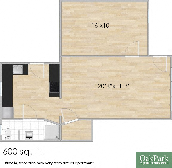 Floor plan for 1 bed, 1 bath, 600 sqft