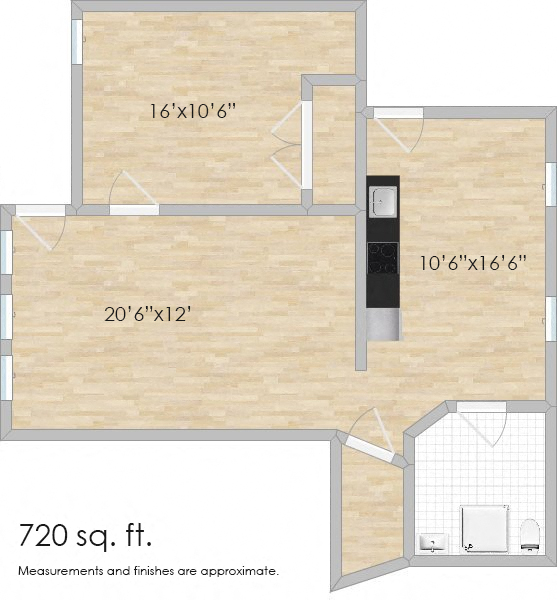 Floor plan for 1 bed, 1 bath, 723 sqft