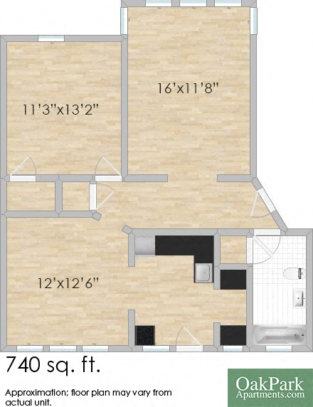 Floor plan for 1 bed, 1 bath, 825 sqft
