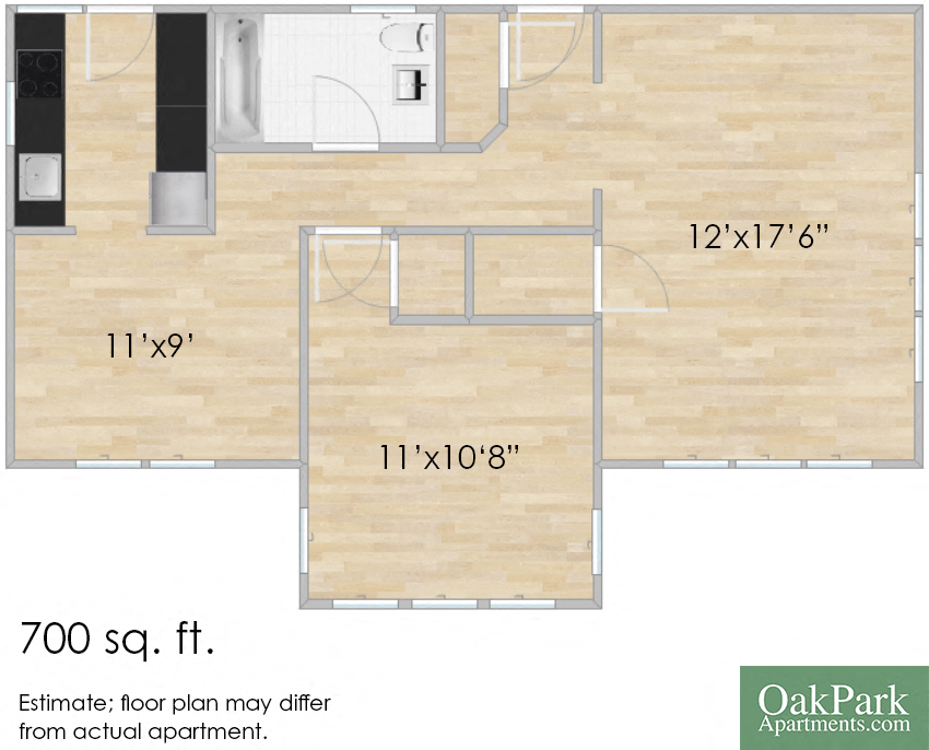 Floor plan for 1 bed, 1 bath, 750 sqft