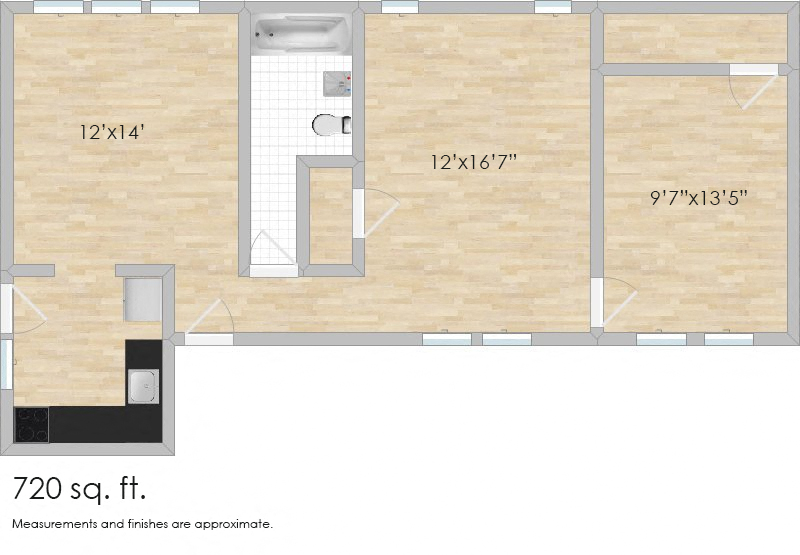 Floor plan for 1 bed, 1 bath, 765 sqft