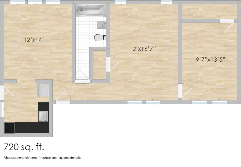Floor plan for 1 bed, 1 bath, 820 sqft