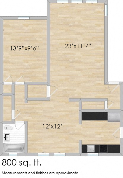 Floor plan for 1 bed, 1 bath, 795 sqft