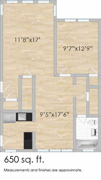 Floor plan for 1 bed, 1 bath, 750 sqft
