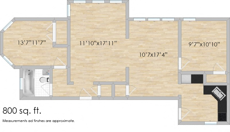Floor plan for 2 beds, 1 bath, 887 sqft