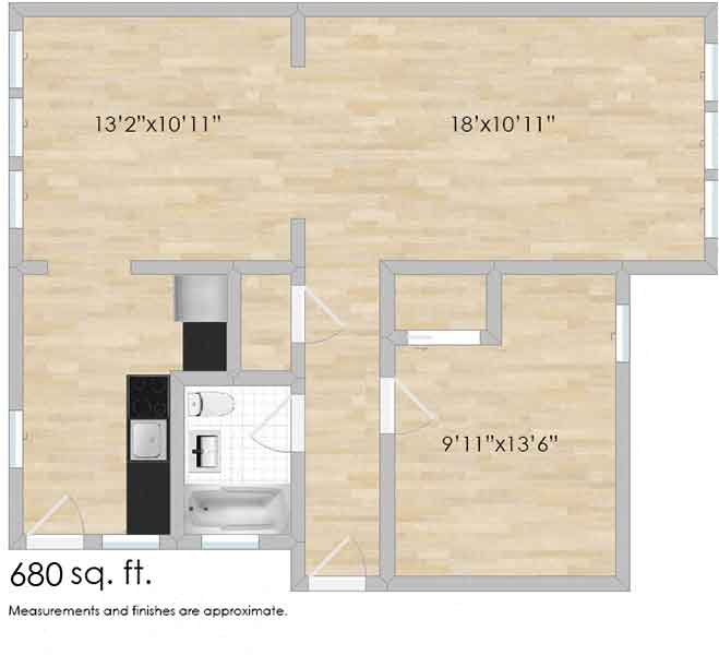 Floor plan for 1 bed, 1 bath, 745 sqft